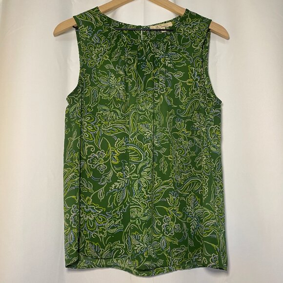 Les Serein Analia Pleated Blouse Womens M Green Floral Sleeveless Keyhole EUC - Picture 1 of 9